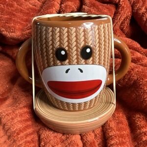 Galerie Sock Monkey Ceramic Coffee Mug & Saucer Set Brown Red Novelty
